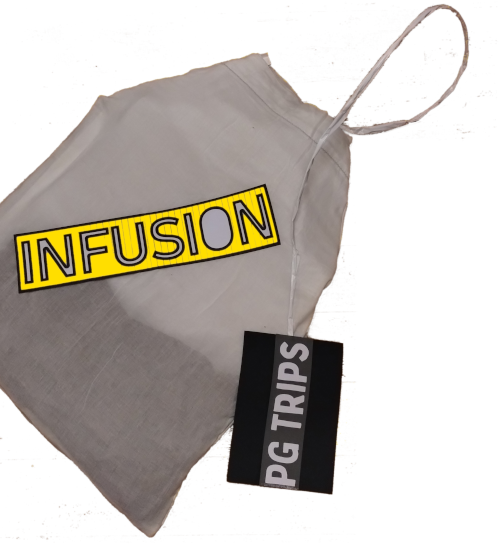 teabag prop with INFUSION written on it